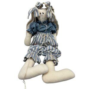 Handmade Fabric Bunny Doll Blue Polka Dot Top & Striped Pants Easter 19" READ